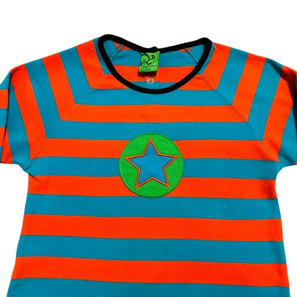 Villervalla Sz 134 (9Y) Organic Orange & Blue Striped Star Appliqué Dress